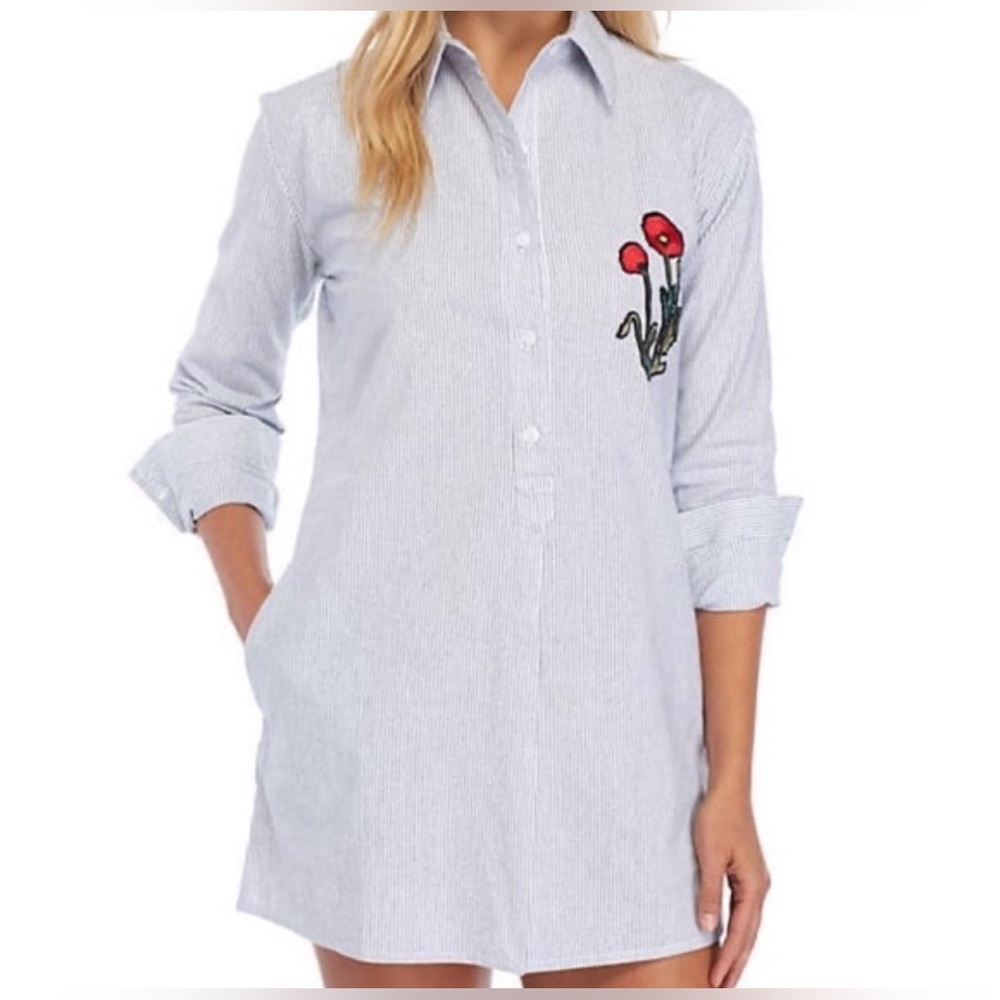 Sam Edelman Pin Striped Shirt Dress or Nightshirt with Floral Embroidery Large